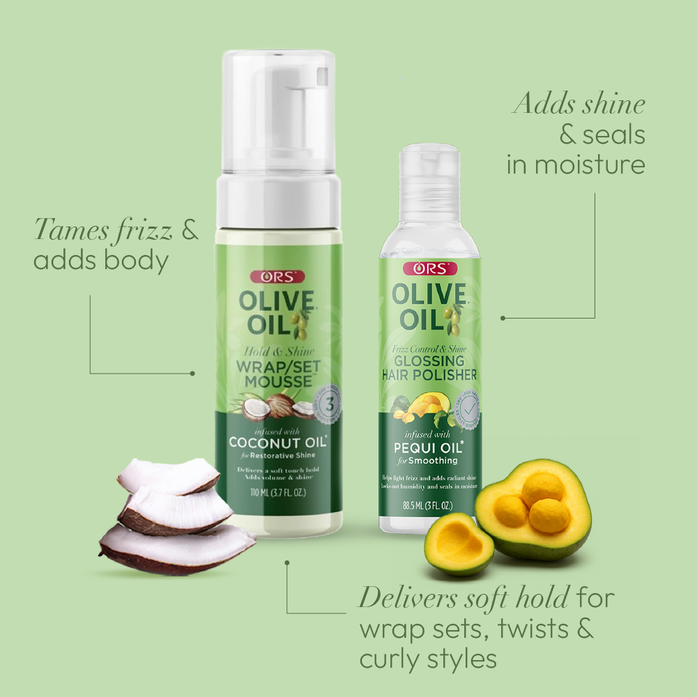 ORS Olive Oil Hair Polisher &amp; Wrap Set Mousse for Smoothing &amp; Restorative Shine 2-Piece Set